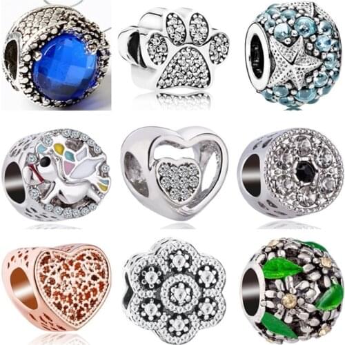 Btuamb New Fashion Crystal Hollow Camera Cat Claw Leaves Crown Heart Charms Beads Fit Pandora Bracelets for Women Making Jewelry