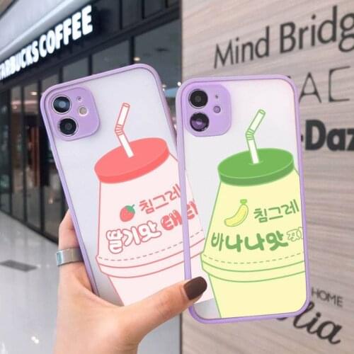 Strawberry Banana Milk Drink Phone Case For iPhone 12 11 Mini Pro XR XS Max 7 8 Plus X Matte transparent Purple Back Cover