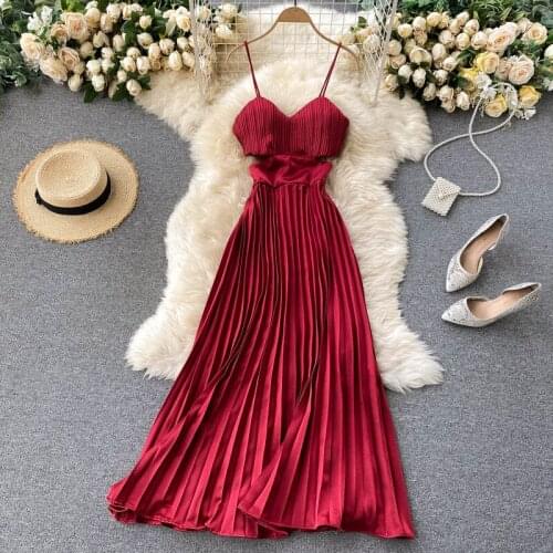 Foamlina Elegant Vintage Spaghetti Strap Long Dress New Spring Fall Hollow Out Waist Backless Sexy Evening Party Pleated Dress