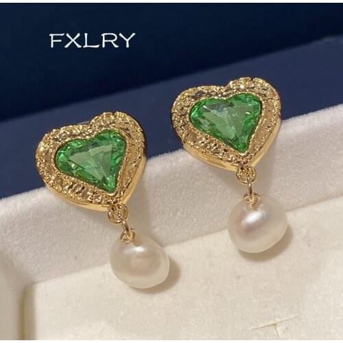 FXLRY Vintage Gold Color Green Cubic Zirconia Baroque Pearl Love Heart Earrings For Women Jewelry