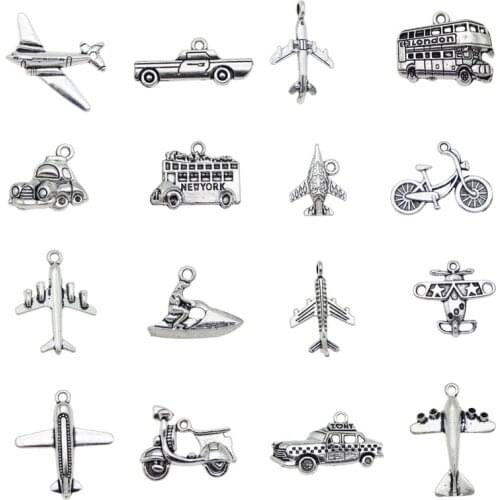 Julie Wang 16PCS Alloy Mixed Transport Bus Car Ship Bike Plane Charms Antique Silver Color Jewelry Making Pendant Accessory