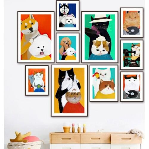 Cartoon Cute Cat Dog Modern Wall Art Canvas Painting Funny Nordic Posters And Prints Nursery Wall Pictures Baby Kids Room Decor