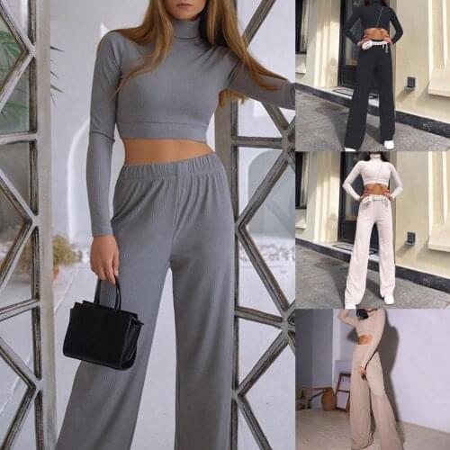 1Set Woman Crop Top Pants Solid Color Straight Leg Two-Piece Turtleneck Blouse Elastic Waist Trousers For Fitness Dance Casual