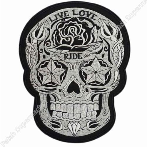 10.2" LARGE LIVE LOVE RIDE Large Rockabilly Skull Skeleton MC Motorcycle biker patches for jacket BACK embroidery applique goth