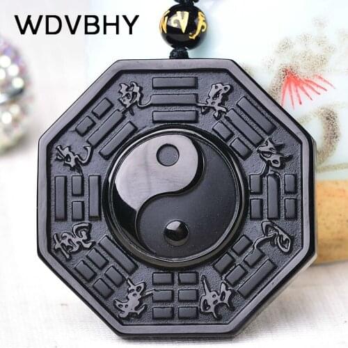 Natural Black Obsidian Pendant Chinese Taiji BaGua Lucky Charm Necklace Jewelry For Friend Birthday Best YingYang Accessory Gift