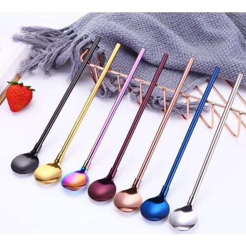 New Eco-Friendly Stainless Steel Long Metal Drinking Straw with Spoon Stirring Gift Brushes Yerba Mate Teaspoon Bar Accessories