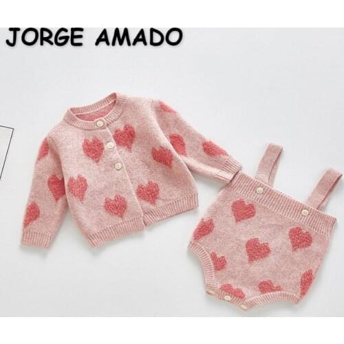2021 New Autumn Baby Girls Sets Love Heart Sling Bodysuit + Long Sleeves Round Collar Open Stitch Sweater Children Outfits E9302