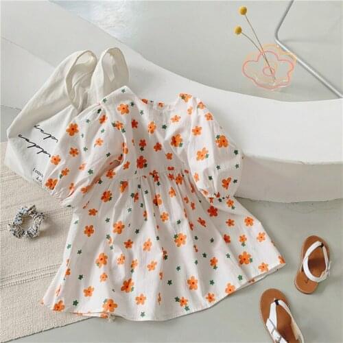 New 2021 Spring Baby Girls Printed Dresses Puff Sleeve Korean Style Kids Costumes Children Chic Dresses