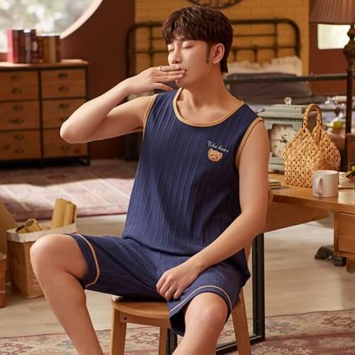 Summer New Men Pyjamas Sleeveless Cotton Fashion Pajamas Set Casual Sleepwear Pyjamas Night Suits Pijamas Plus Size 3XL Homewear