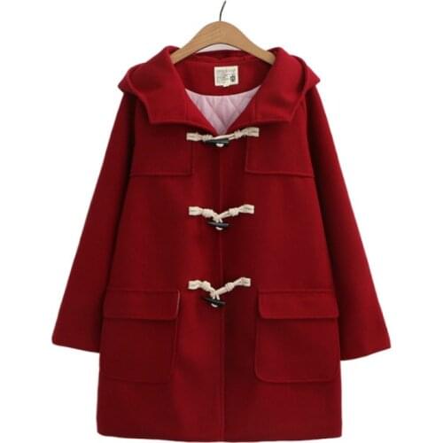 Solid Women Long Wool Blends 2020 Winter Loose Warm Coat Hooded Wool Coats Office Work Wear Horn Button Legant Coat