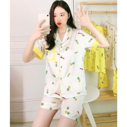Pajamas Female Summer Satin Silk Cartoon Sleepwear 2 Pcs Suit Turn-down Collar Cute Print Pyjamas Women Soft Pijama Mujer