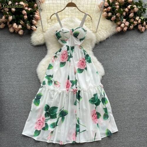 Guilantu Summer Spaghetti Strap Beach Dress Women Clothes Fashion Print Floral Sleeveless Backless Dress Sexy Club Party Dresses