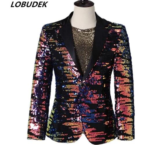 Multi-color Sequins Suit Jackets Fashion Singer Host Stage Mens Formal Clothes Nightclub Evening Concert Shiny Sequin Blazers