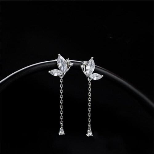 Luxury Crystal Butterfly Tassel Drop Earrings For Women Jewelry Pure 925 Sterling Silver Earring Female Rose Gold Earrings Bijou