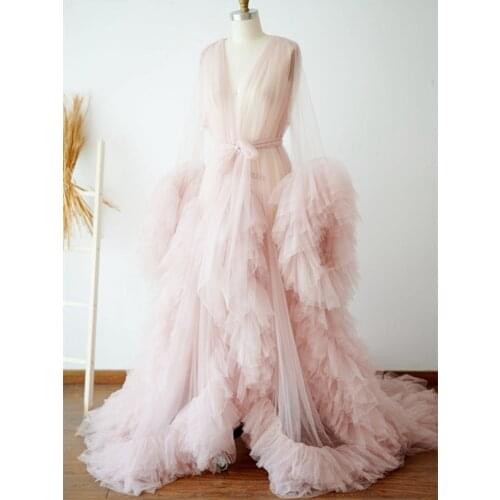 Long Sleeve Pink Evening Dresses 2021 V-Neck Sheer Tulle Ruffles African Pregnant Women Cape Maternity Robe Formal Evening Gowns
