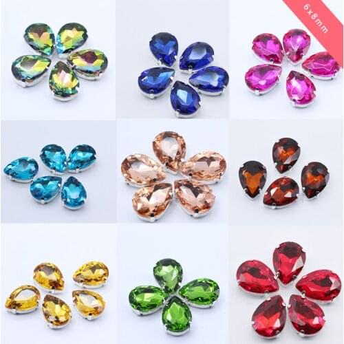 20p 6x8mm 24-colors teardrop glass stone sew on crystal rhinestone silver claw button wedding Dress craft DIY Clothes Decoration