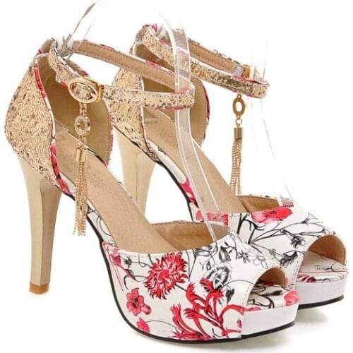 New Arrival 3D Print Peep Toe Ankle Strap Thin High Heels Glitter Bling Tessal Charms Sandals Office Ladies and Girls Shoes