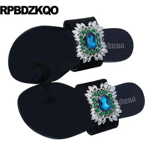 Diamond Suede Crystal Toe Ring Bohemia Shoes Black Big Size Slides Women Sandals Flat Summer 2021 Large Beach Jewel Slippers