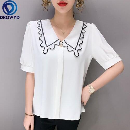 Women Spring Summer Style White Chiffon Blouses Shirts Lady Fashion New Casual Short Sleeve Turn-down Collar Chiffon Blusas Tops