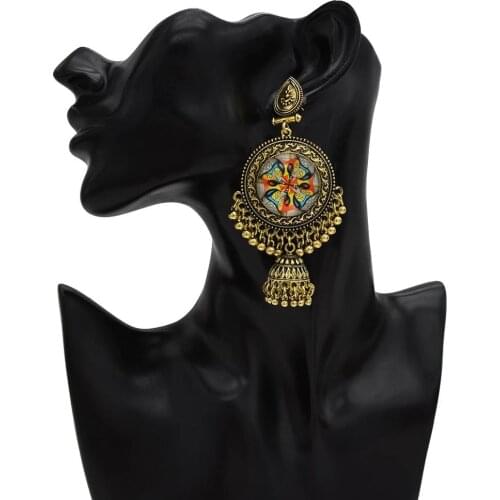 Womens Carved Flower Totem Round Ball Bell Drop Earrings For Women Boho Indian Egypt Bridal Wedding Golden Tassel Drop Earrings