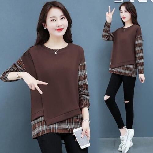 Ladies Fake Two-piece Sweater Women 2021 Autumn Style Plaid Stitching Contrast Color Casual Loose Bottoming T-shirt Womens Tops