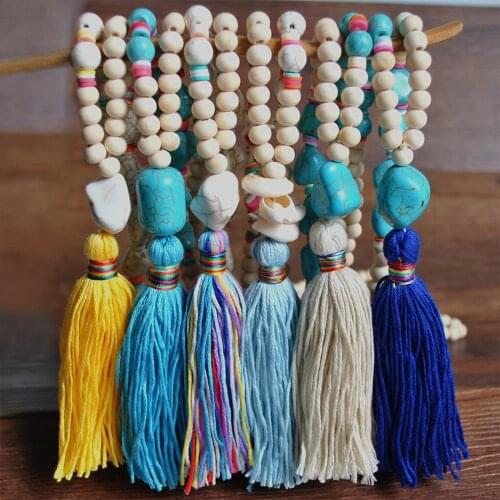 Women Bohemian Beads Wood Necklace Long Tassel Sweater Chain Vintage Star Heart Butterfly Pendant Necklace Tribal Jewelry