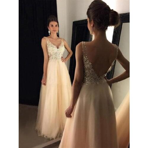 Champagne V Neck Prom Dresses Appliques Tulle Sleeveless Floor Length graduation A-line Backless Formal Party Long Evening Gowns