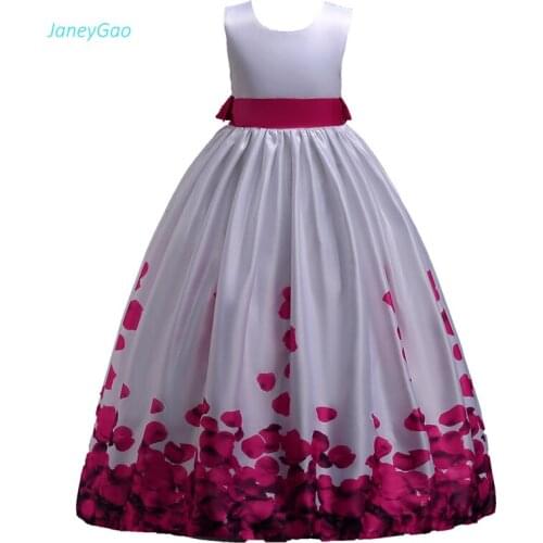 JaneyGao Flower Girl Dresses For Wedding Party First Communion Dress Long With Bow Print Kids Formal Gown 2019 New Fashion Style