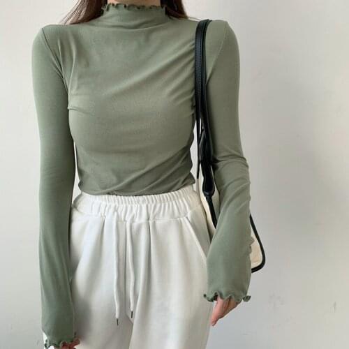 2021 Autumn Turtleneck Ruffled Cotton T-Shirts Women Slim Fit Warm Base Shirt Long Sleeve Korean Minimalist Tops 7 Colors