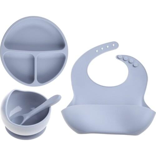 4PCS/set Baby Feeding Tableware Food Grade Silicone Bowl Bib Plate Spoon Silicone Feeding Set BPA Free 69HE
