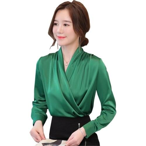 Women elegant fashion long sleeve shirts solid v-neck loose spring summer office lady blouse satin Slim tops