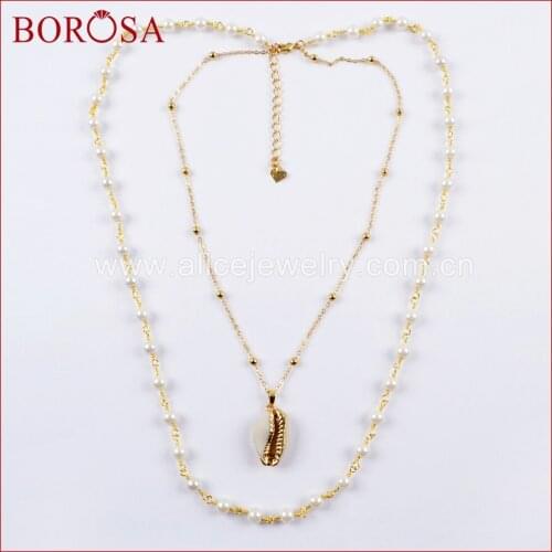 BOROSA 5PCS Natural Cowrie Shell With Pearl Beads Chains Double-Layer Necklace Jewelry Fashion Shell Pendant Necklace G1635