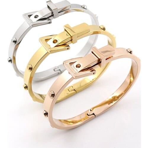 Promotion Punk 316L Stainless Steel Belt Buckle Cuff Bangles Openable Charm Bracelets Gold Color Women Men Famous Jewelry