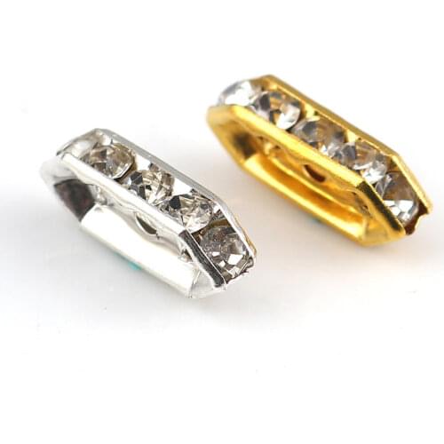 Doreen Box Iron Alloy Spacer Beads Rectangle Silver Color Clear Rhinestone 15mm( 5/8") x 6mm( 2/8"), Hole: Approx 1.8mm, 50 PCs