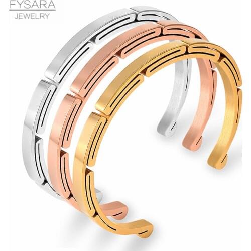 FYSARA Classic Brand Stainless Steel Cuff Bracelets for Women Geometry Open Bangles Men Watch Jewelry Accessories Laser Logo