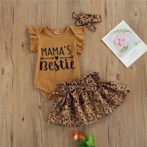 0-24m Baby Girls 3pcs Outfit Fly Sleeve Letter Printing Romper Leopard Print Short Skirt Headwear Set Infant Girls Clothing Set
