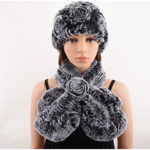 2 piece real fur hat and scarf set womens warm winter soft natural rex rabbit cap Handmade Knitted scarves best gift