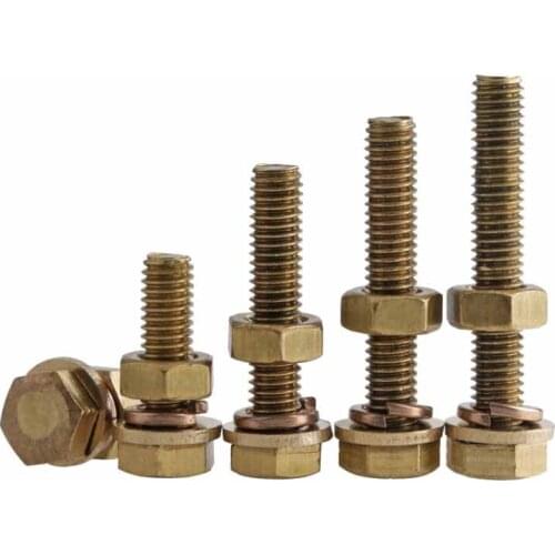Brass Outer Hexagonal Bolt Nut Flat Cushion Elastic Pad Combination Set Lengthening Screw 10Pcs