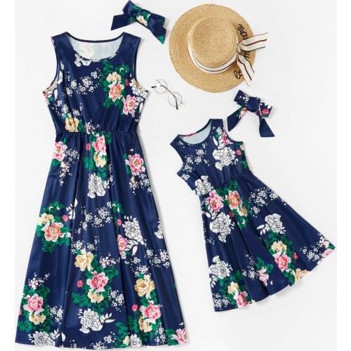 Family Look Summer Dress Print Casual Dress Mother and Toddler Girl Matching Clothes with Hair Band Dark Blue Female Outfits Hot
