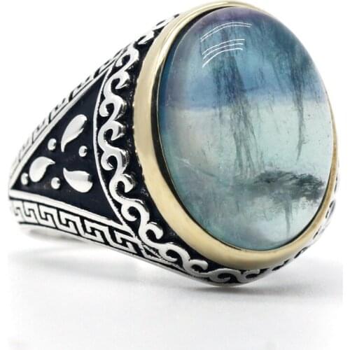Mens Ring with Fluorite Stone 925 Sterling Silver Oil Painting Lake Blue Big Stone Vintage Cock Ring for Male Women Jewelry Gift