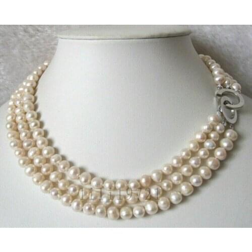 Natural 3 Row 7-8mm White Freshwater Pearl Necklace 17-19"