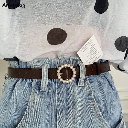 Belts Women Korean Round-button Pearl Kawaii Leather Belt Female Students Simple Womens High Qualty Ladies All-match Accessories