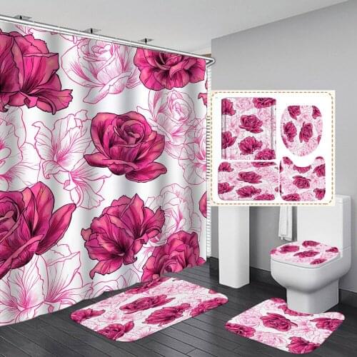 Romantic Pink Flower Shower Curtain Floral Rose With Non Slip Rug Mat Bathroom Curtain Waterproof Polyester Home Decor 180cm