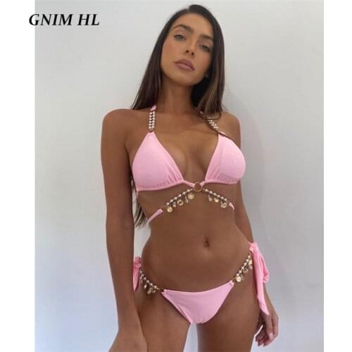 GNIM Sexy Two Pieces Pearl Swimwear Women Bandage Bikini Swimsuit 2021 High Cut Swimwear Women Push Up Swim Bathing Suit Biquini