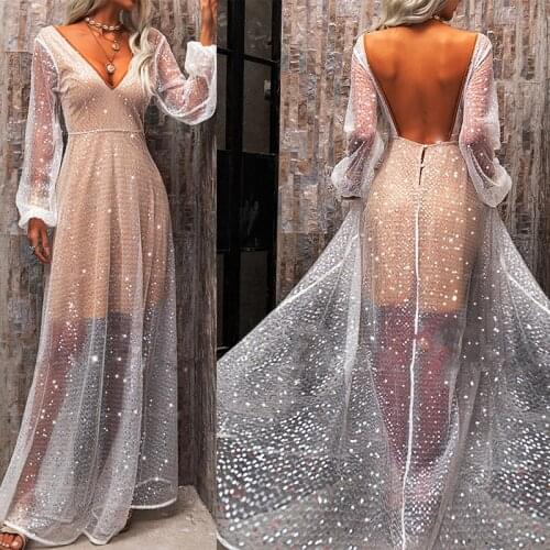 Silver Sequined Maxi Dress Black Burgundy Green V Neck Evening Party Wrap Dress Stretchy Full Sleeved Long Lining Low Slit Leg