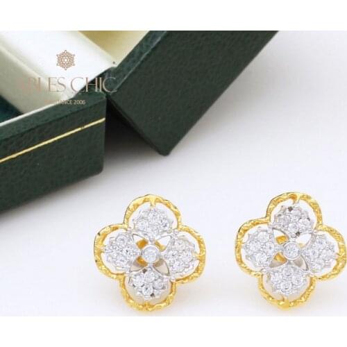 18K Gold Tone 925 Silver Plum Flower CZ Earrings Renaissance Vintage Floral Studs Nature Tender Wedding Earring C11E4S25400