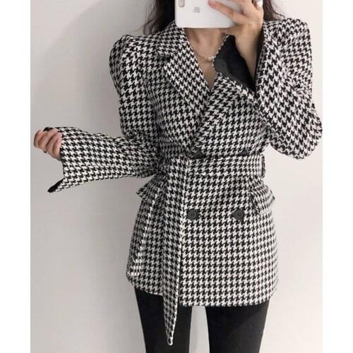 Houndstooth Woolen Blazer Double-Breasted Retro Houndstooth Small Suit Jacket Female Temperament Korean Thick Woolen Cloth