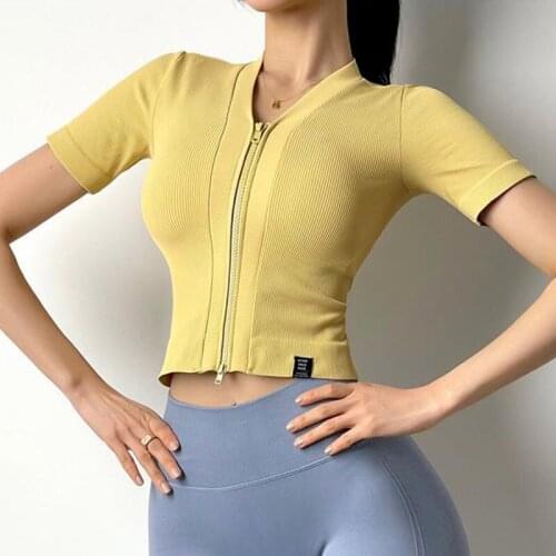 Cropped knitted double zipper sport shirt Woman sports top seamless fitness activewear Gym workout t shirt yoga top sportswear