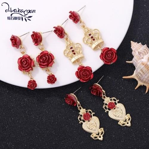 Dvacaman Vintage Red Rose Dangle Drop Earrings for Women Luxury Banquet Jewery Designer Wedding Bridal Statement Chic Love Gifts