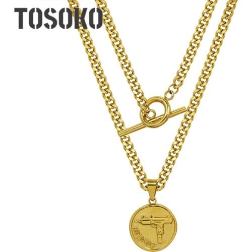 TOSOKO Stainless Steel Jewelry Thick Chain Round Gun Pendant Necklace Womens Fashion OT Button Double Clavicle Chain BSP1107